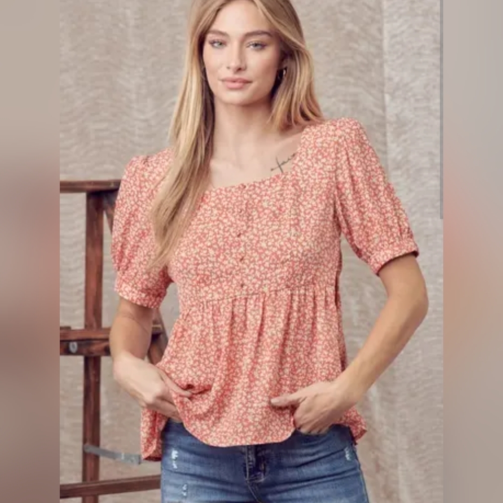 Feminine Orange Smocked floral Cottagecore DOE & RAE babydoll blouse (#1,054)